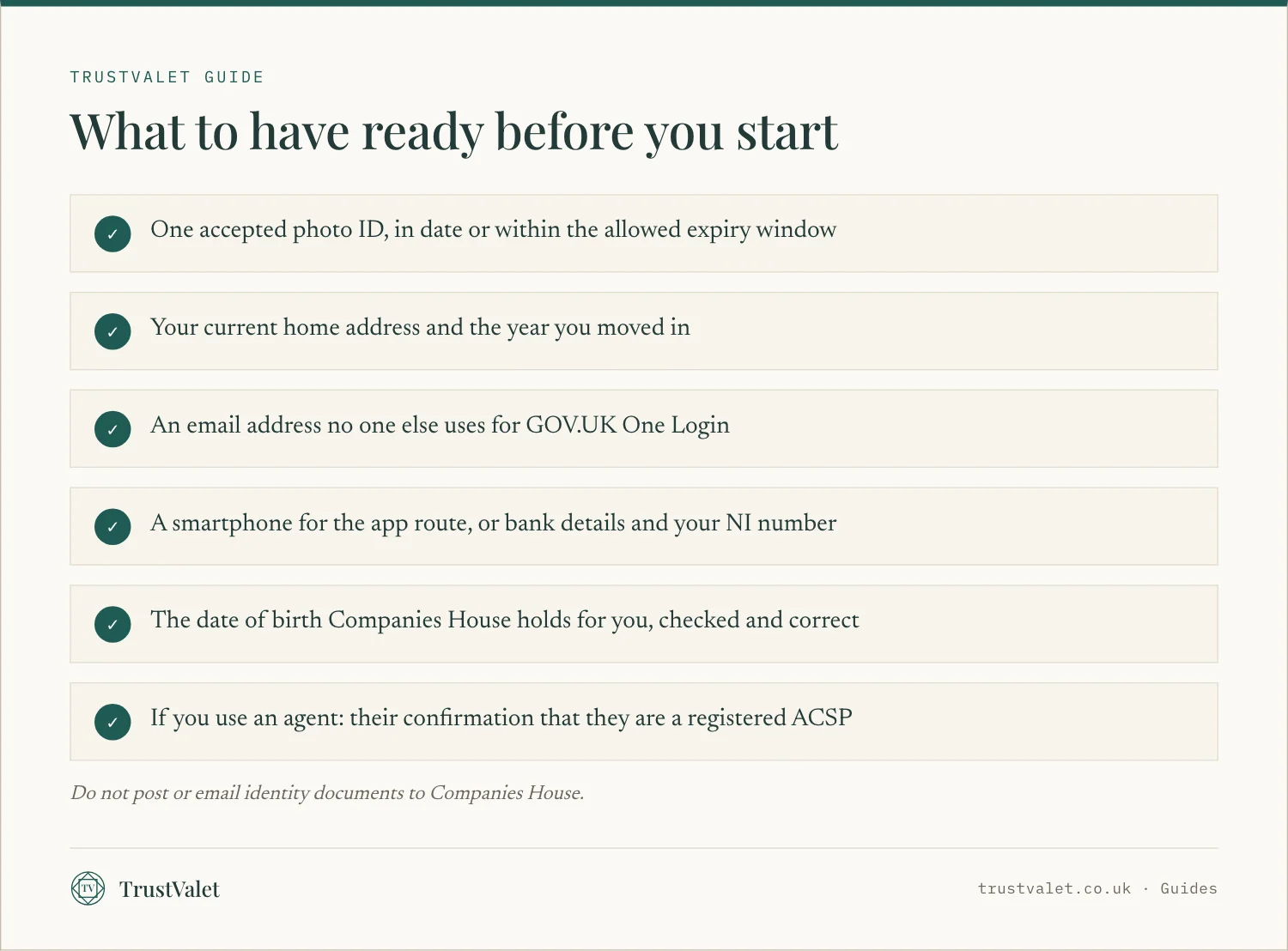 Checklist of six things to have ready before verifying your identity for Companies House