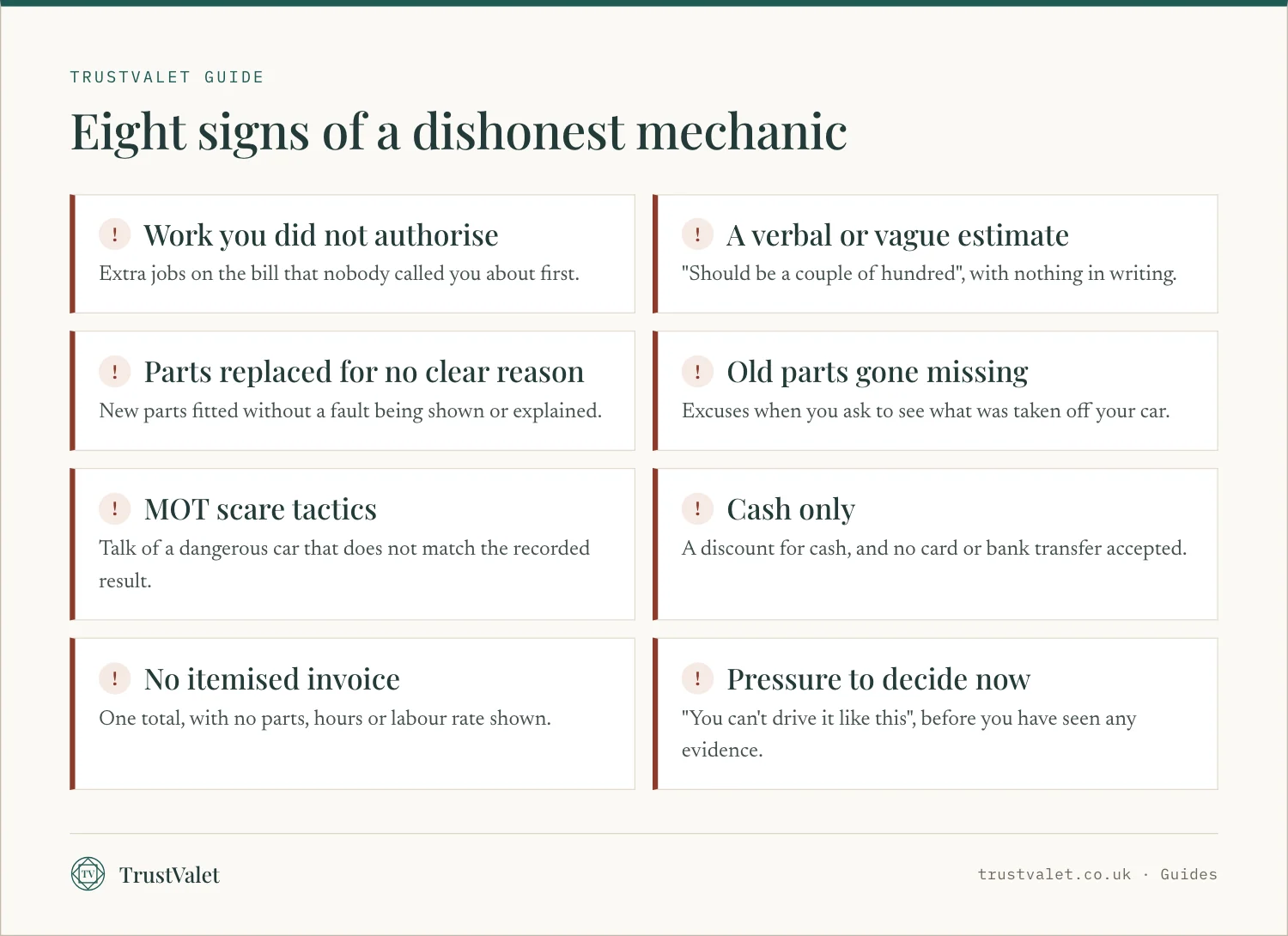 Infographic listing eight signs of a dishonest mechanic
