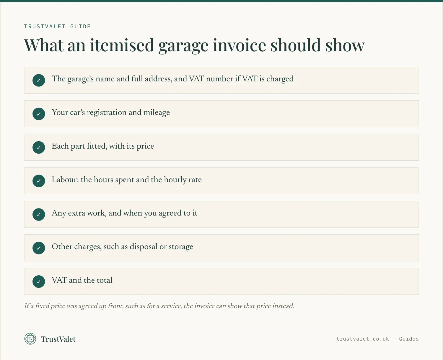 Checklist of seven things an itemised garage invoice should show