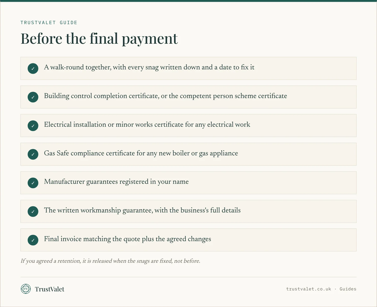Checklist of seven things to have before making the final payment to a contractor